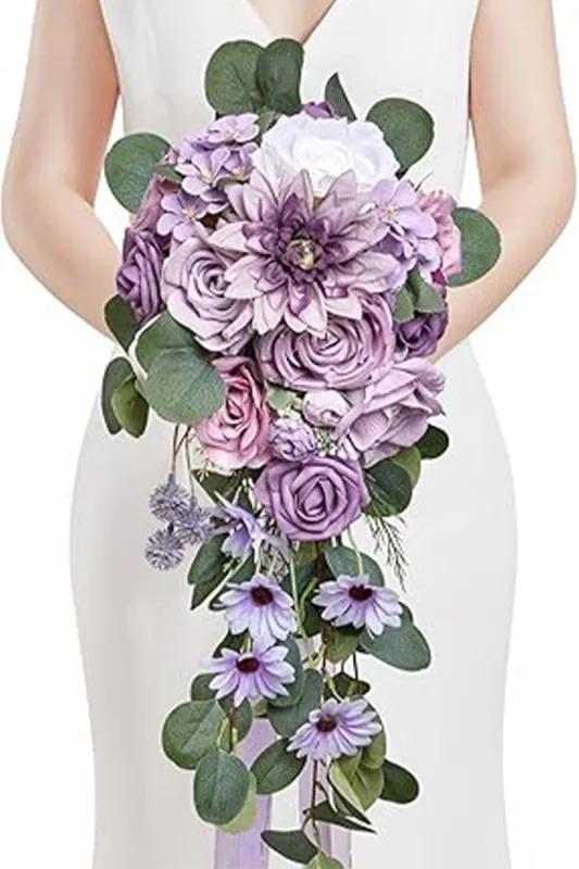Artificial Purple Dahlia Cascade Wedding Flower Bouquets sold by KissProm