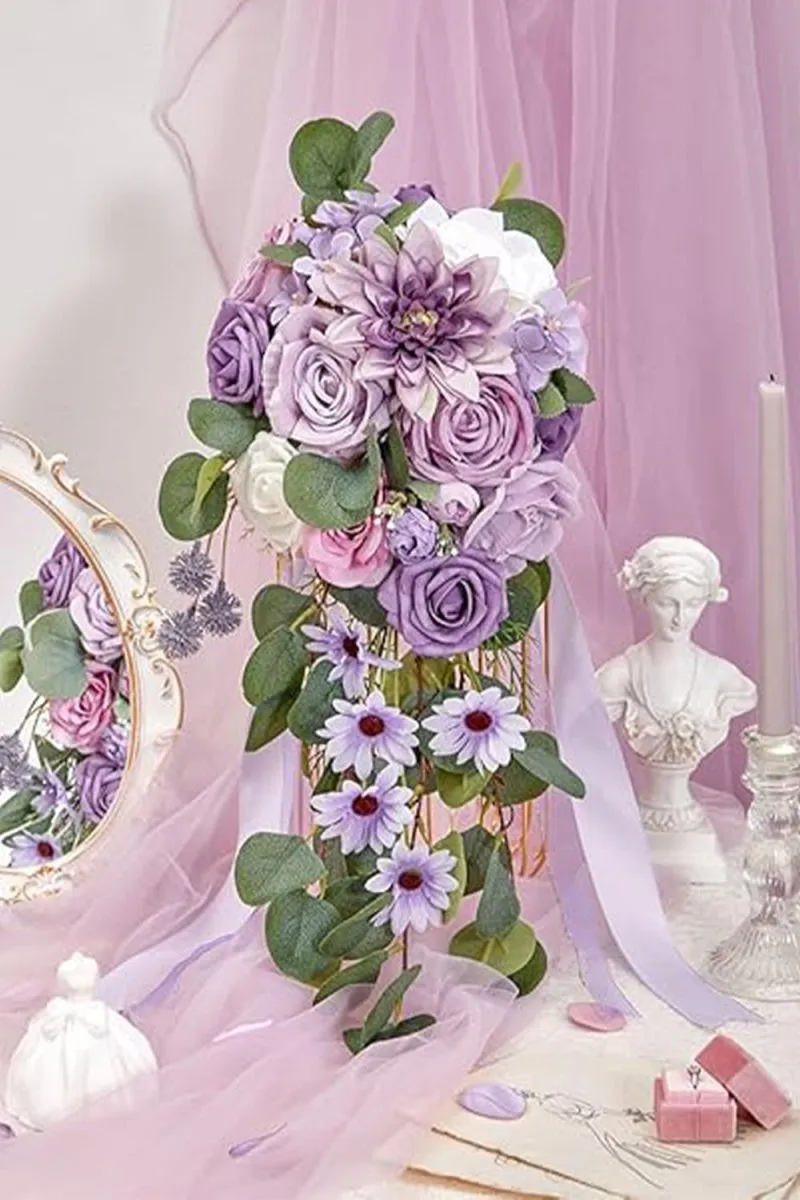 Artificial Purple Dahlia Cascade Wedding Flower Bouquets sold by KissProm product image thumbnail 3