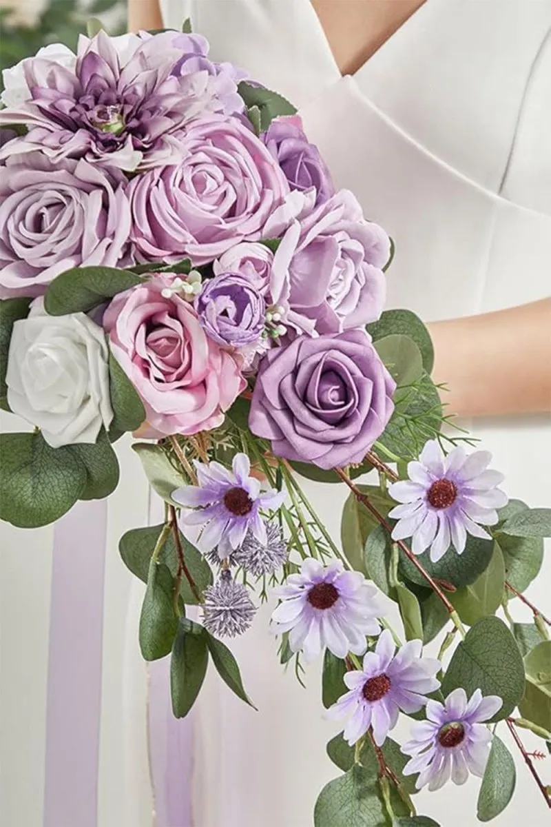 Artificial Purple Dahlia Cascade Wedding Flower Bouquets sold by KissProm product image thumbnail 2