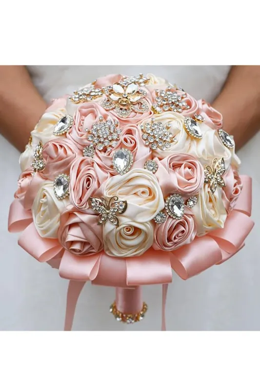 Rose Pink Satin Ribbon Cascade Wedding Flower Bouquets with Rhinestones sold by KissProm