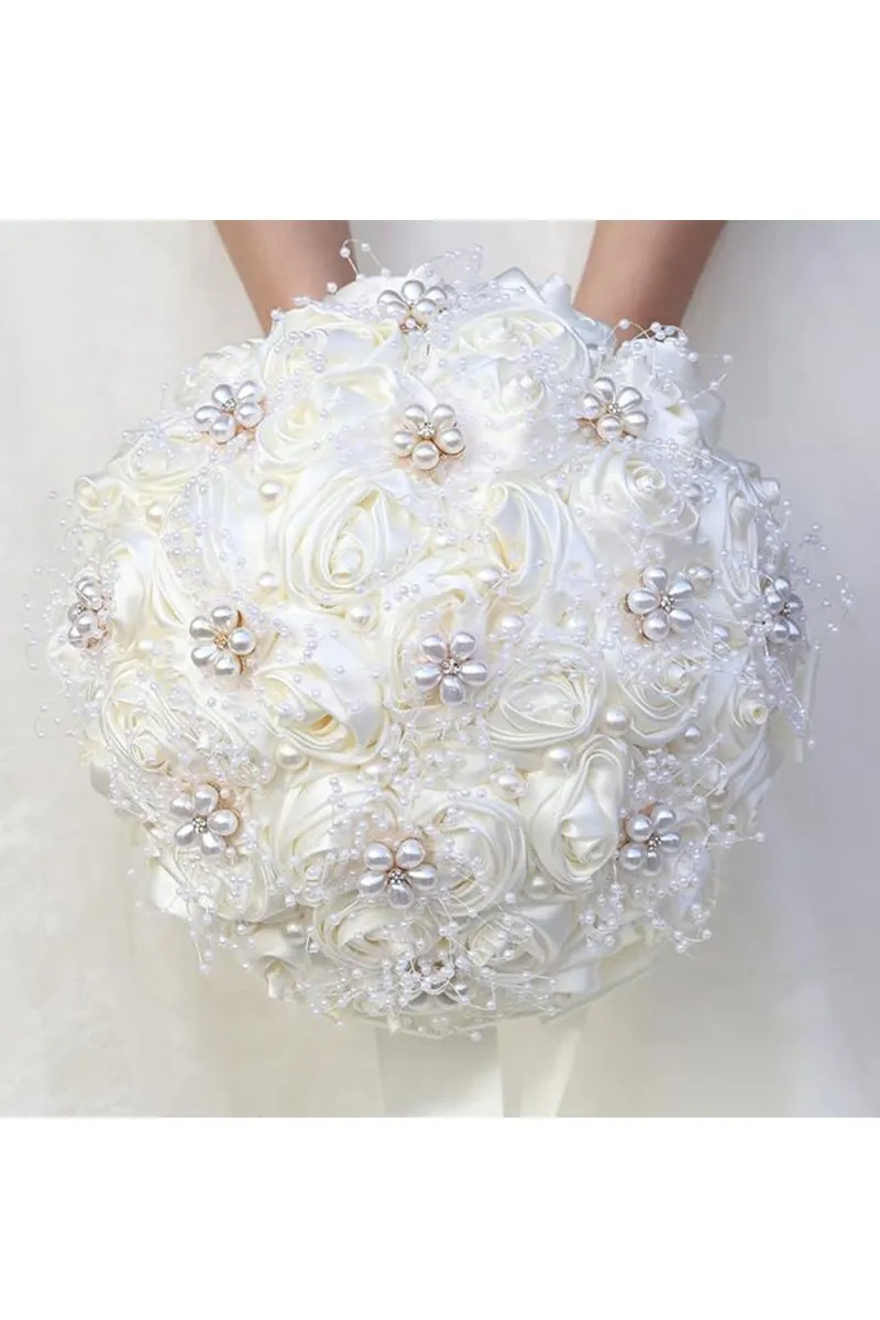 Satin Pearl Ribbon Cascade Wedding Flower Bouquets sold by KissProm product image thumbnail 3