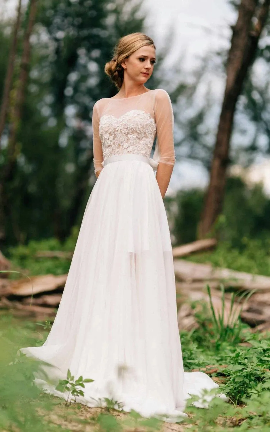 Sweetheart Long Sleeve Chiffon Tulle Lace Satin Dress With Illusion sold by KissProm