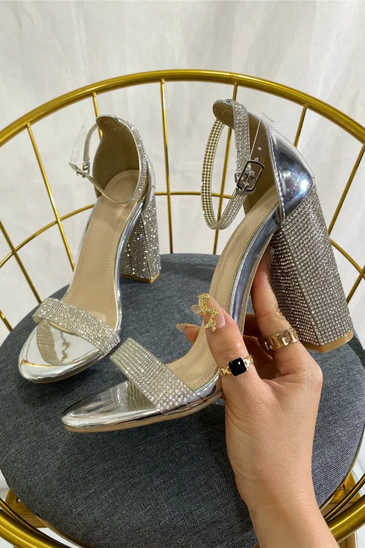 Silver Open Toe Ankle Strap Chunky Heel Party Shoes With Rhinestone sold by KissProm