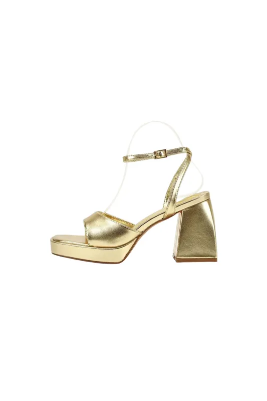 Gold Peep Toe Ankle Strap Chunky Heel Prom Shoes sold by KissProm
