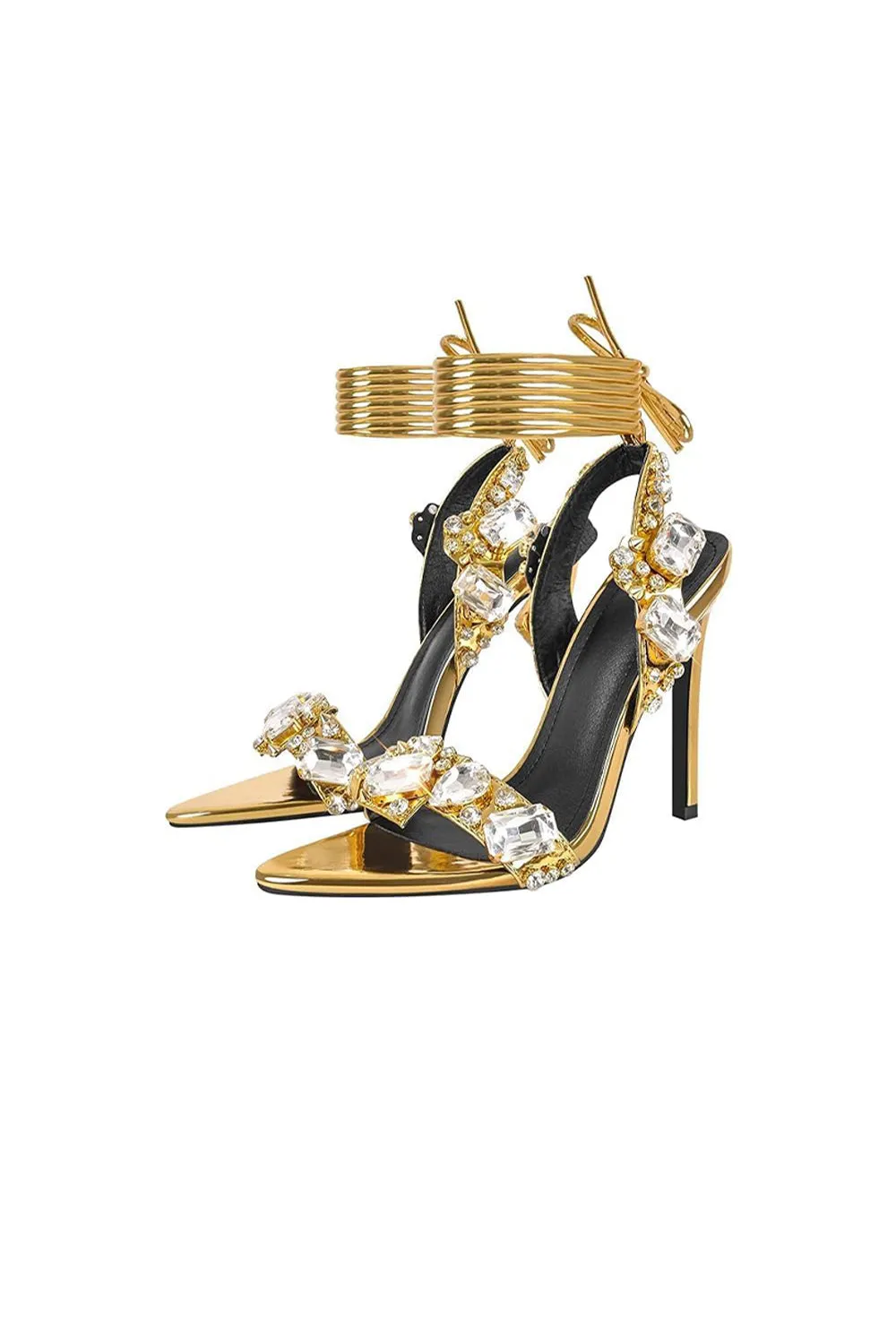 Open Toe Crystal-Embellished Metallic Lace-Up Stiletto Heels sold by KissProm