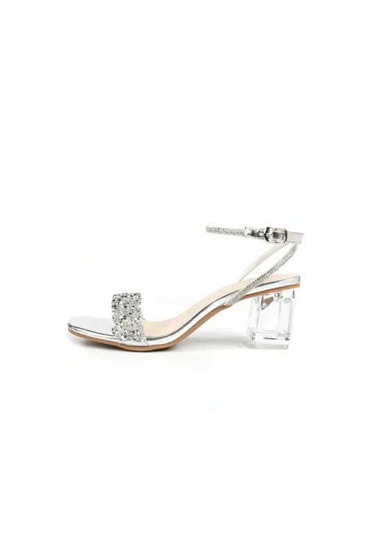 Silver Sequined Ankle Buckle Open Toe Chunky Heels sold by KissProm