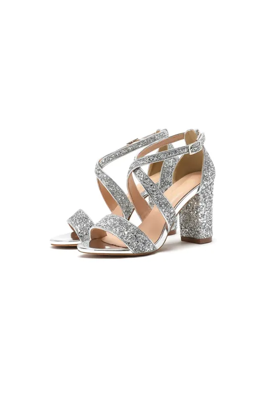 Silver Sequined Cross Straps Open Toe Chunky Heels sold by KissProm