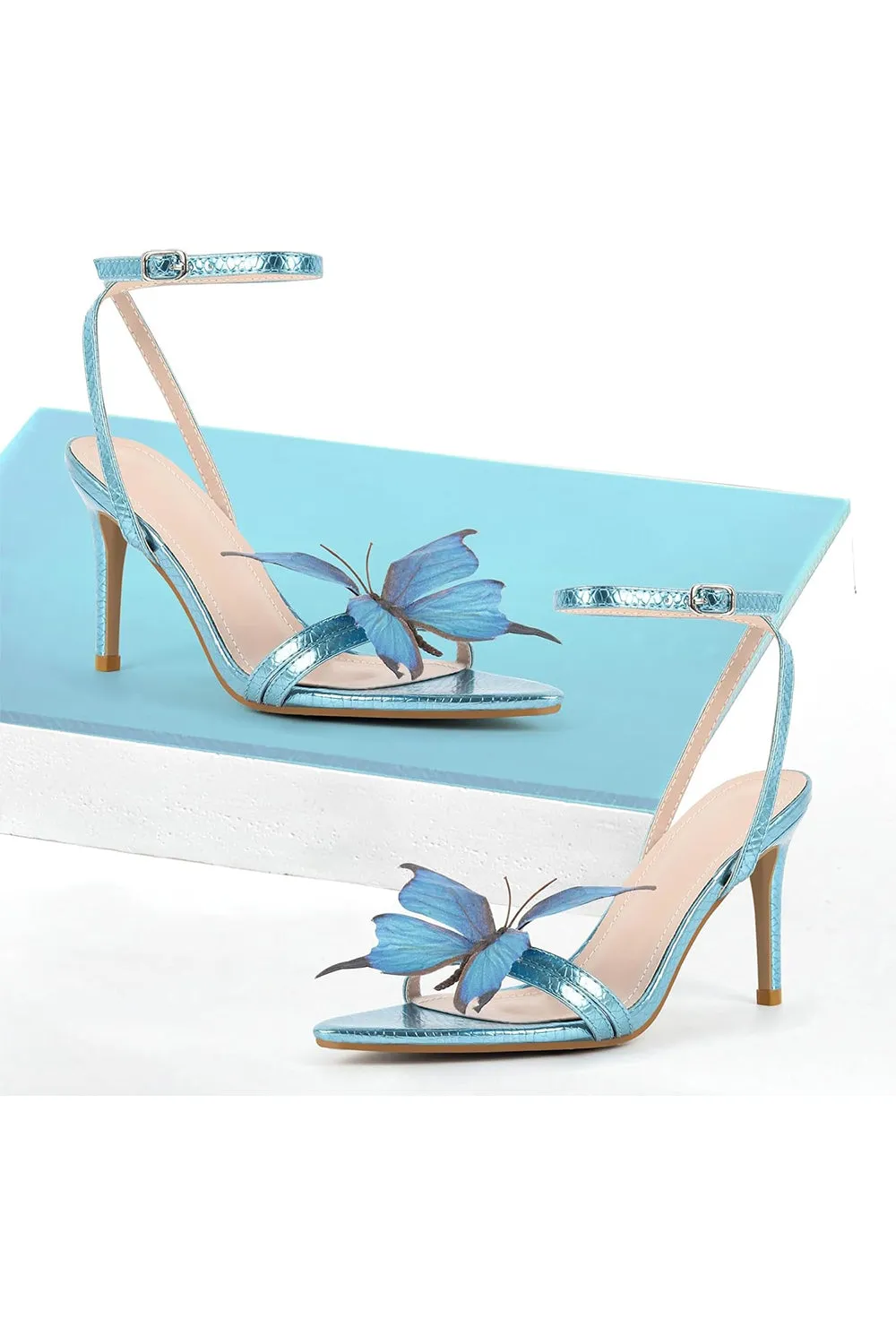 Blue Butterfly Ankle Buckle Open Toe Stiletto High Heels sold by KissProm product image thumbnail 3