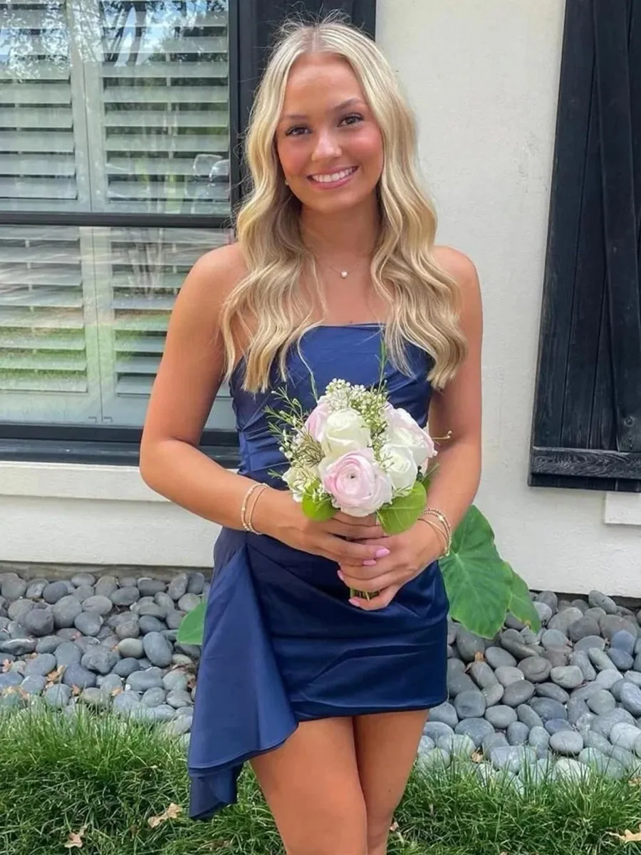 Zira | Navy Blue - Sheath Strapless Satin Short Homecoming Dresses sold by KissProm