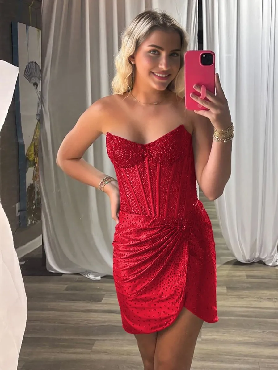 Yvaelia | Red - Strapless Satin Bodycon Mini Party Dresses With Beading sold by KissProm