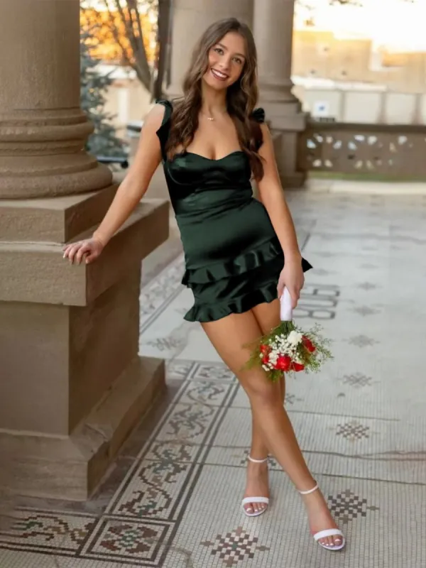 Junelle | Dark Green - Sweetheart Satin Ruffles Short Homecoming & Cocktail Dresses sold by KissProm