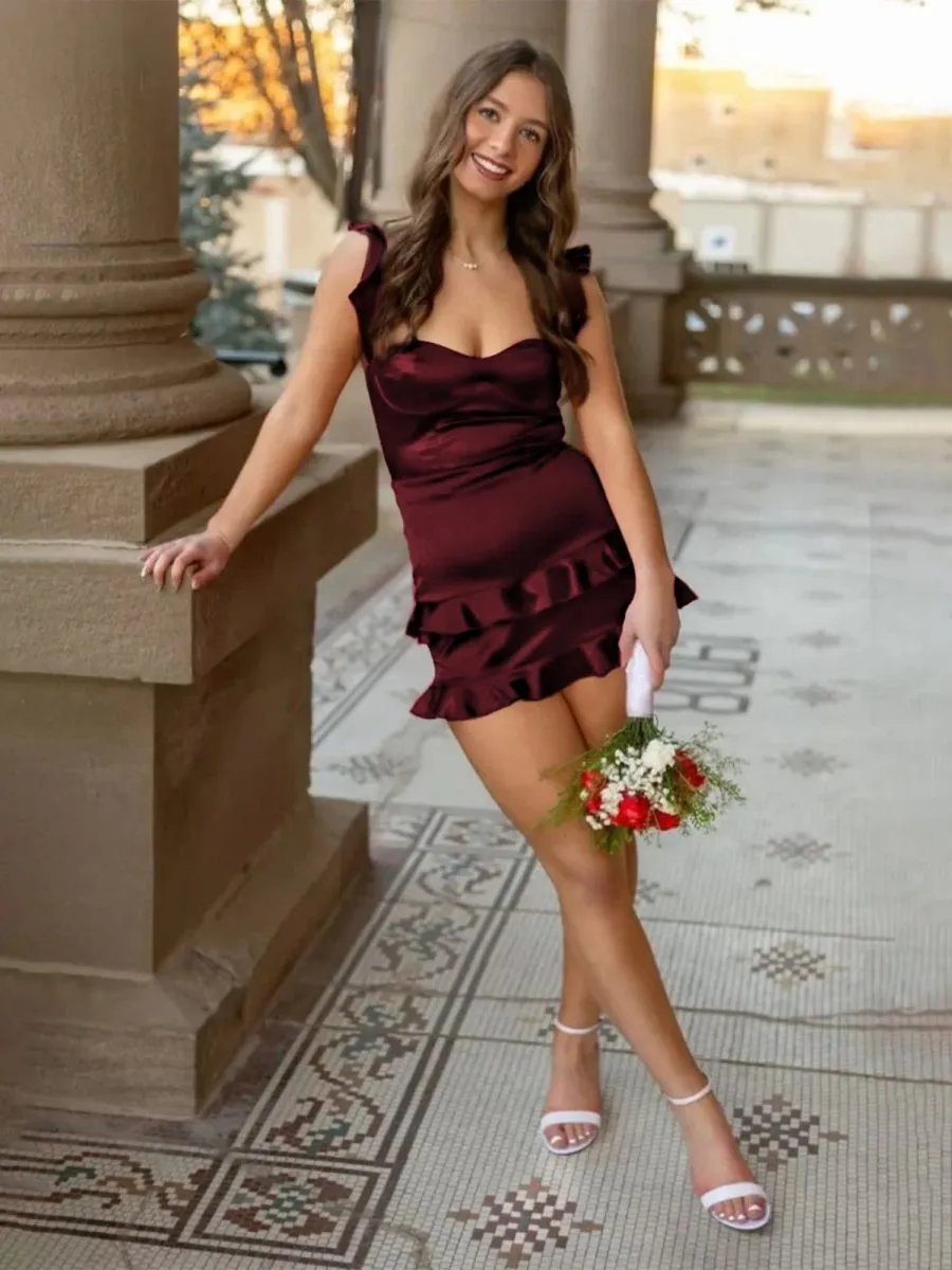 Junelle | Burgundy - Sweetheart Satin Ruffles Short Homecoming & Cocktail Dresses sold by KissProm