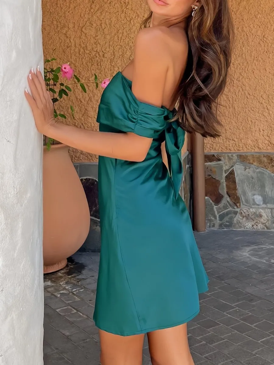 Blyndie | Dark Green - Off The Shoulder Satin A Line Homecoming Dress sold by KissProm product image thumbnail 2