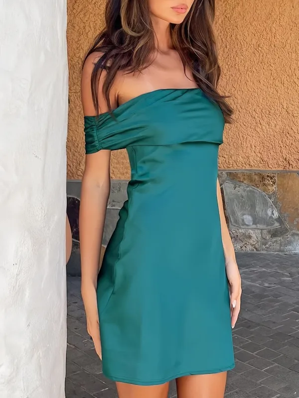 Blyndie | Dark Green - Off The Shoulder Satin A Line Homecoming Dress sold by KissProm