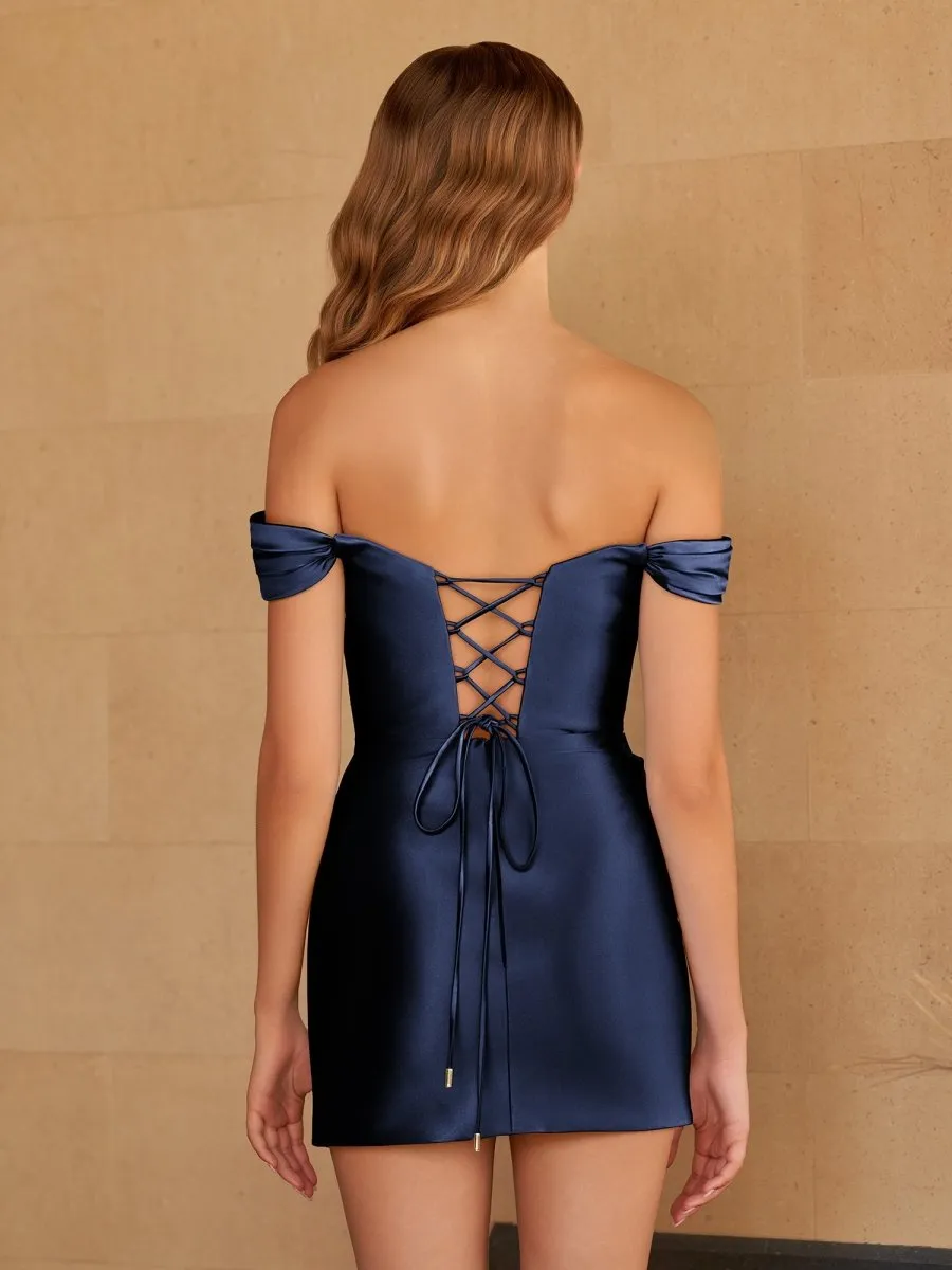 Sira | Navy Blue - Bodycon Satin Off the Shoulder Homecoming Dresses with Beads sold by KissProm product image thumbnail 2