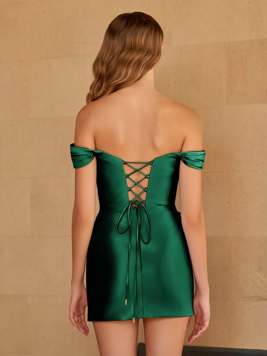 Sira | Dark Green - Bodycon Satin Off the Shoulder Homecoming Dresses with Beads sold by KissProm product image thumbnail 2