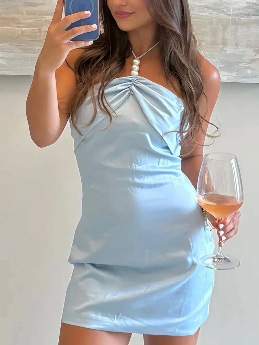 Kira | Blue - Halter Sheath Satin Short Homecoming Dresses With Pearls sold by KissProm