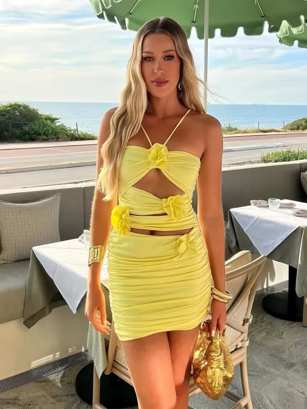 Daia | Yellow - Halter Bodycon Satin Cutout Homecoming Dresses With Floral sold by KissProm