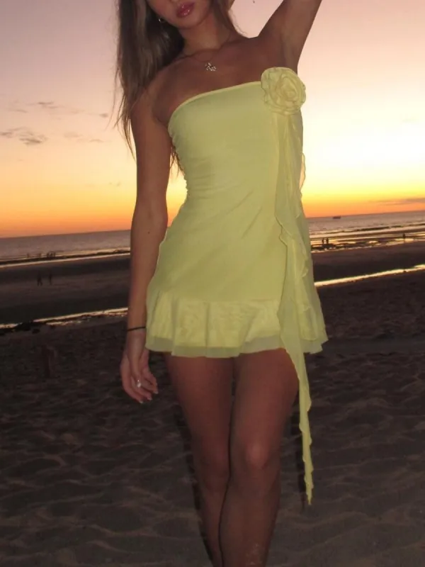 Wynethe | Yellow - Sheath Strapless Chiffon Homecoming Dress with Flower sold by KissProm