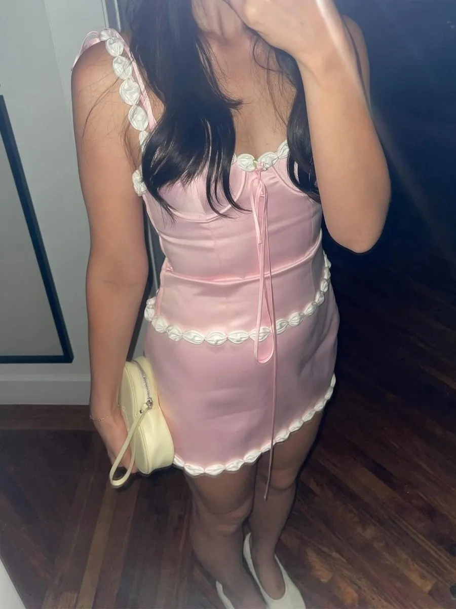 Caelithia | Pink - Sheath Satin Spaghetti Straps Homecoming Dress with Flowers sold by KissProm product image thumbnail 2