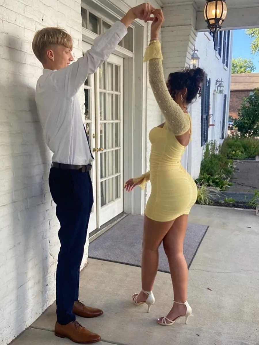 Jael | Yellow - Sweetheart Long Sleeves Bodycon Homecoming Dresses With Pearls sold by KissProm product image thumbnail 3