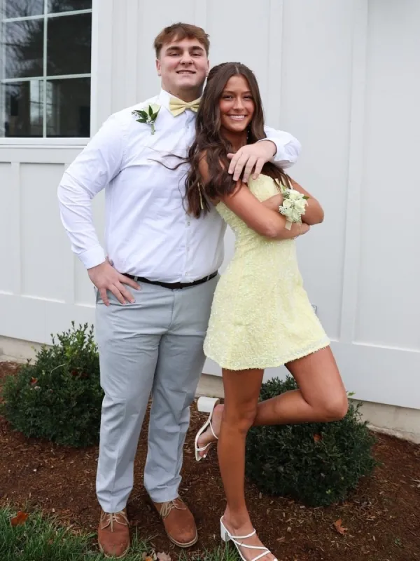 Omia | Yellow - Spaghetti Straps A Line Sequins Short Homecoming Dresses sold by KissProm