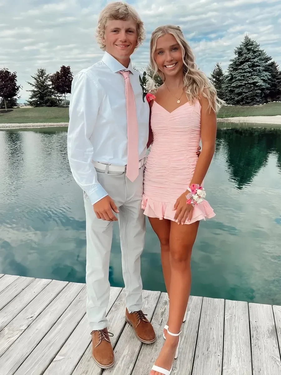 Kani | Pink - Spaghetti Straps Sheath Satin Pleated Homecoming Dress With Ruffles sold by KissProm