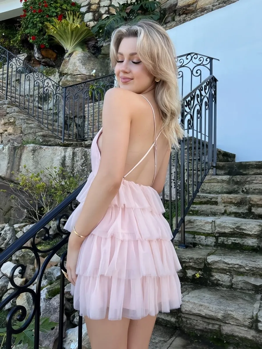 Pink - V Neck A Line Tulle Tiered Short Homecoming Dresses sold by KissProm product image thumbnail 2