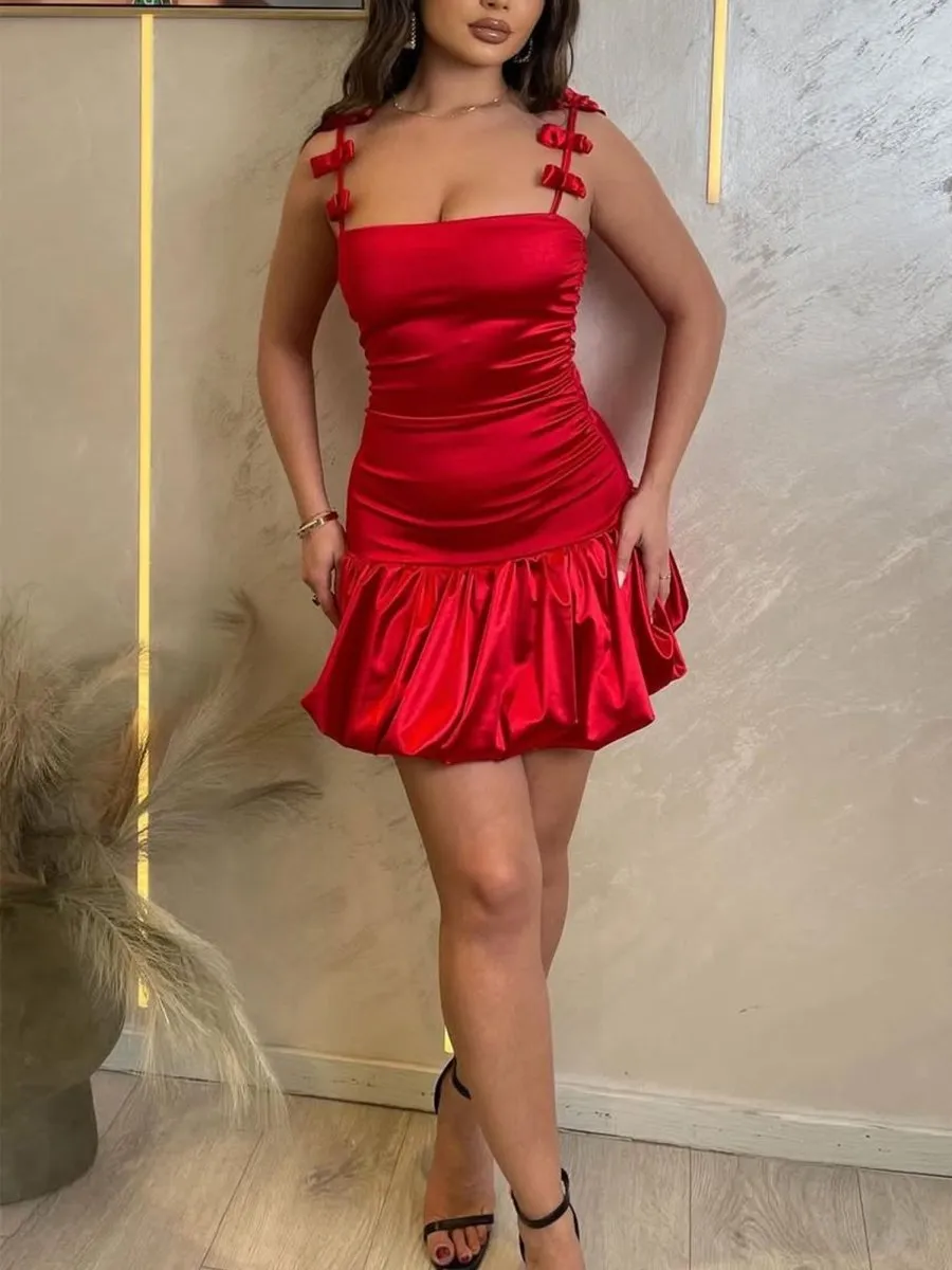 Salona | Red - A-Line Satin Bubble Hem Homecoming Dress with Bow Straps sold by KissProm