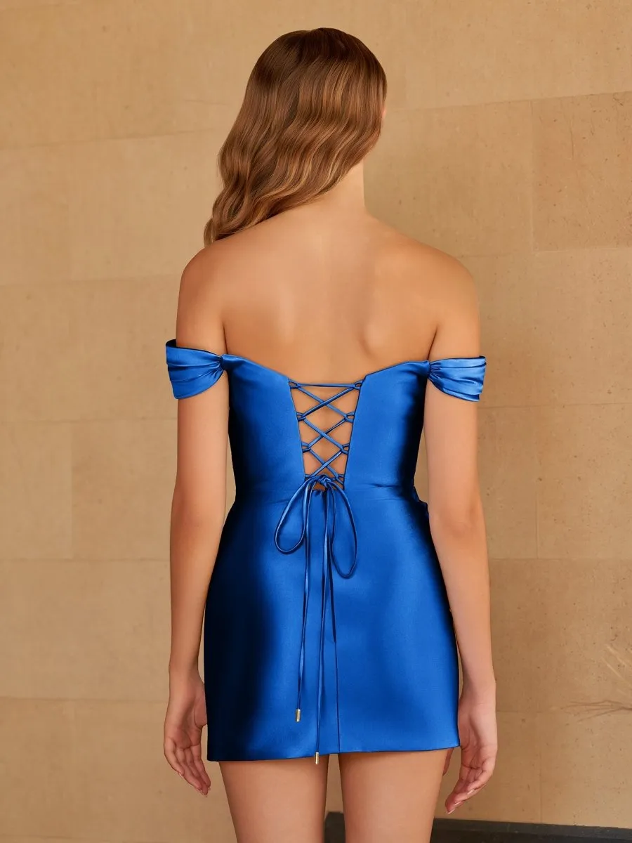 Sira | Royal Blue - Bodycon Satin Off the Shoulder Homecoming Dresses with Beads sold by KissProm product image thumbnail 2