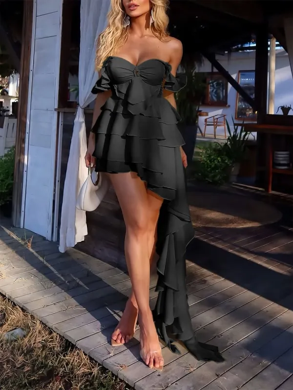 Ulani | Black - Off The Shoulder A Line Chiffon Ruffles Short Homecoming Dress sold by KissProm
