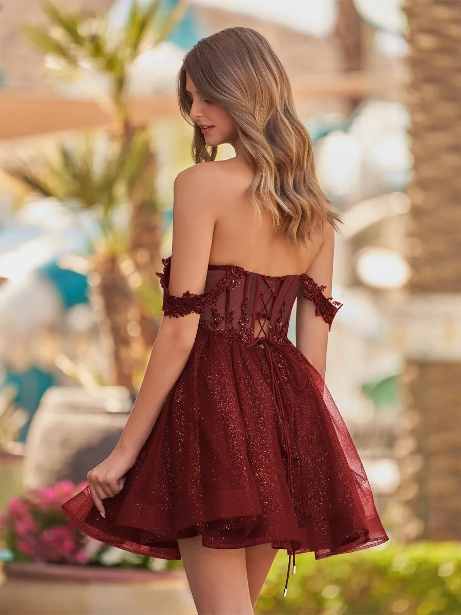Burgundy - A Line Off the Shoulder Lace Corset Sequined Homecoming Dresses sold by KissProm product image thumbnail 2