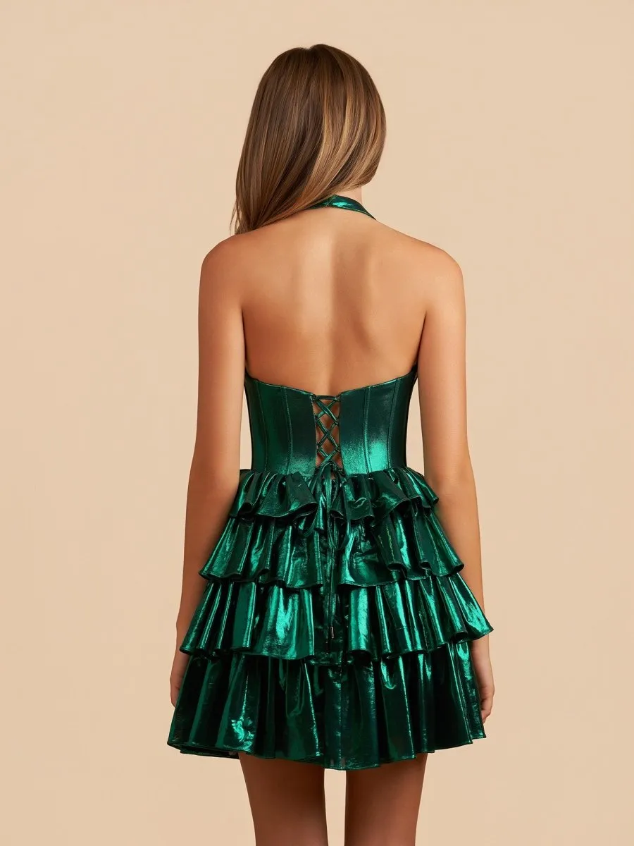 Elza | Emerald - Halter A Line Metallic Ruffles Homecoming Dresses With Bow sold by KissProm product image thumbnail 2