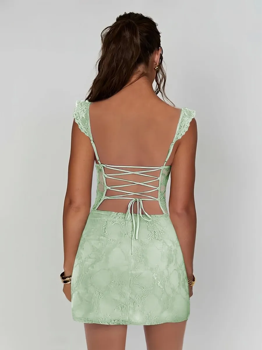 Gema | Sage - Spaghetti Straps Sheath Lace Short Homecoming & Cocktail Dress With Slit sold by KissProm product image thumbnail 2
