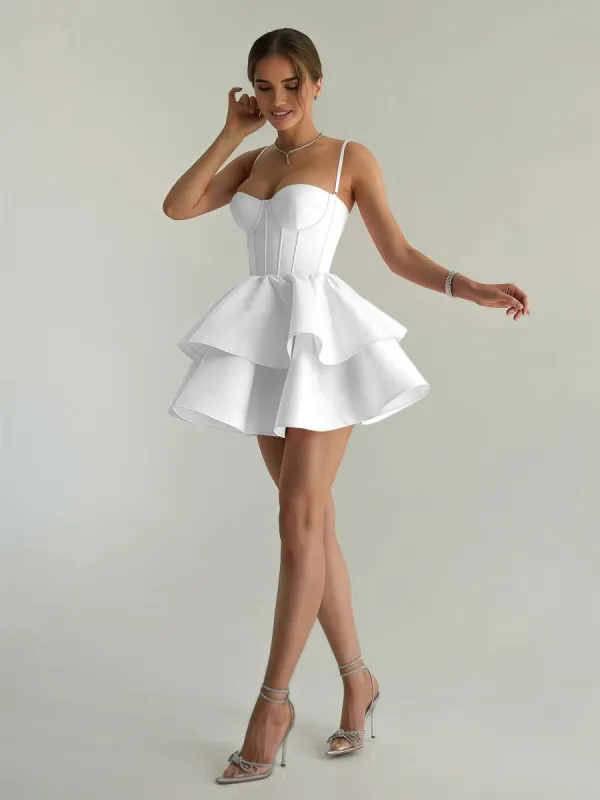 Ravena | White - A Line Sweetheart Satin Ruffles Short Homecoming Dress sold by KissProm