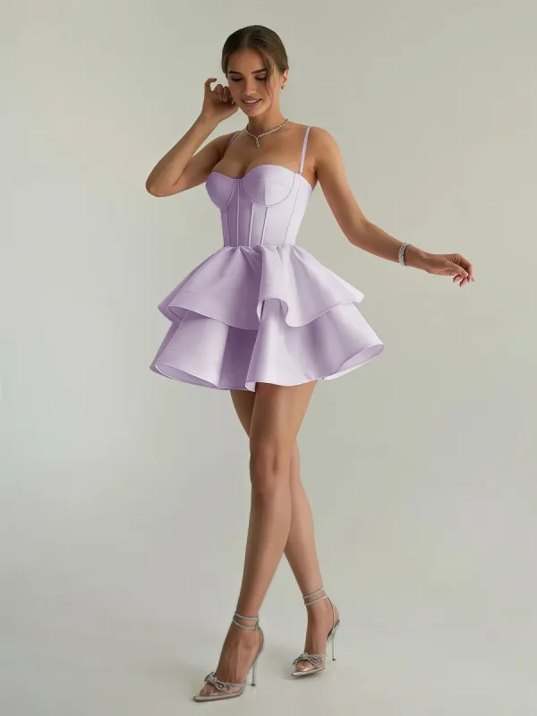 Ravena | Lavender - A Line Sweetheart Satin Ruffles Short Homecoming Dress sold by KissProm