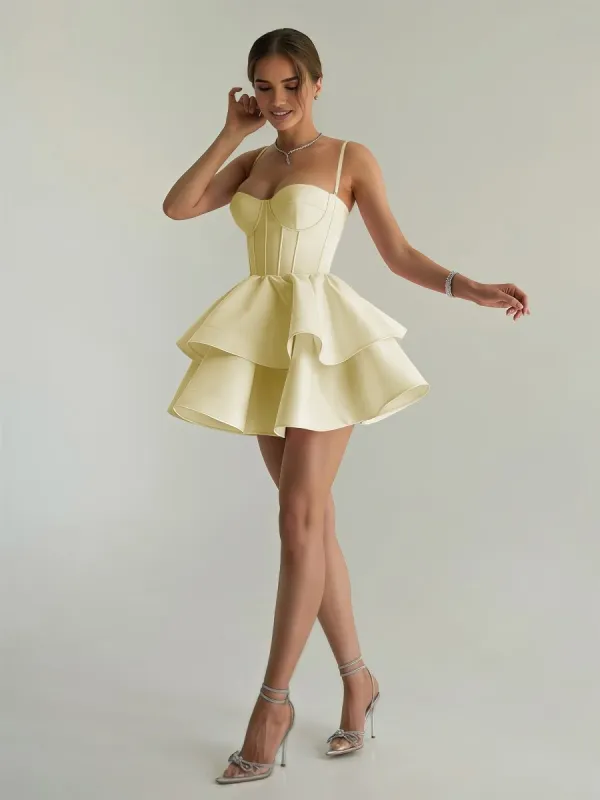 Ravena | Yellow - A Line Sweetheart Satin Ruffles Short Homecoming Dress sold by KissProm