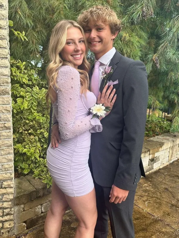 Jael | Lilac - Sweetheart Long Sleeves Bodycon Homecoming Dresses With Pearls sold by KissProm