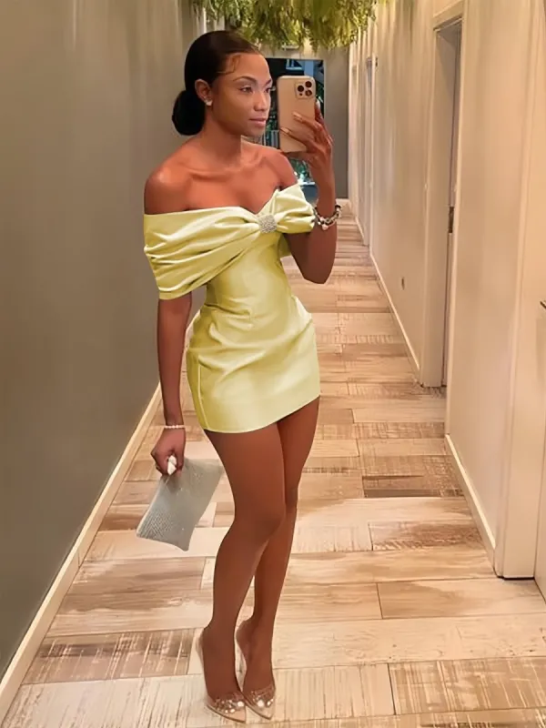 Yellow - Off The Shoulder Satin Bodycon Short Homecoming Dress With Beading sold by KissProm