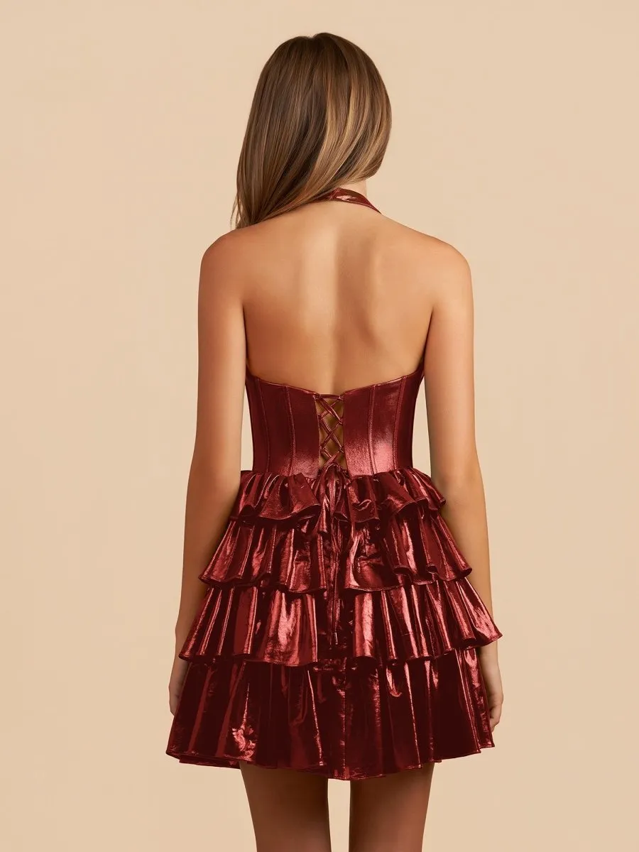 Elza | Burgundy - Halter A Line Metallic Ruffles Homecoming Dresses With Bow sold by KissProm product image thumbnail 2