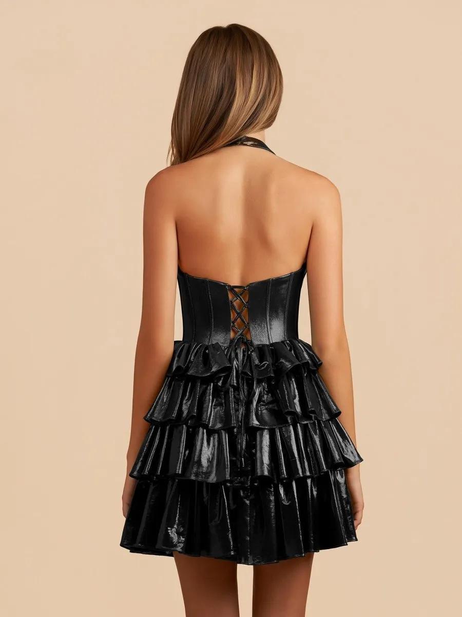Elza | Black - Halter A Line Metallic Ruffles Homecoming Dresses With Bow sold by KissProm product image thumbnail 2