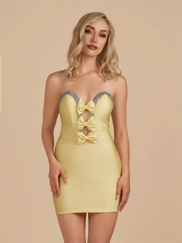 Leniya | Yellow - Bodycon Strapless Cut Out Satin Beaded Homecoming Dress With Bows sold by KissProm
