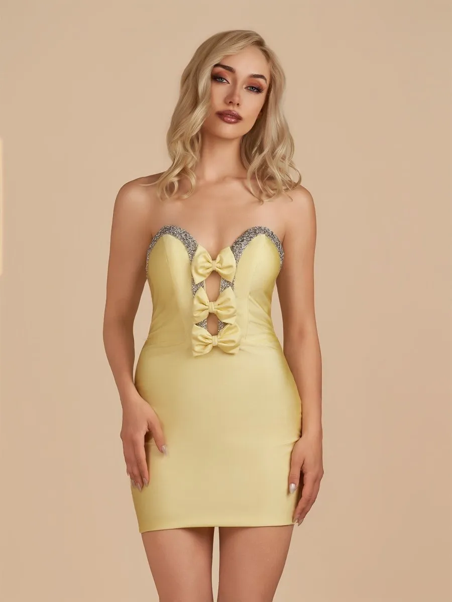 Leniya | Yellow - Bodycon Strapless Cut Out Satin Beaded Homecoming Dress With Bows sold by KissProm