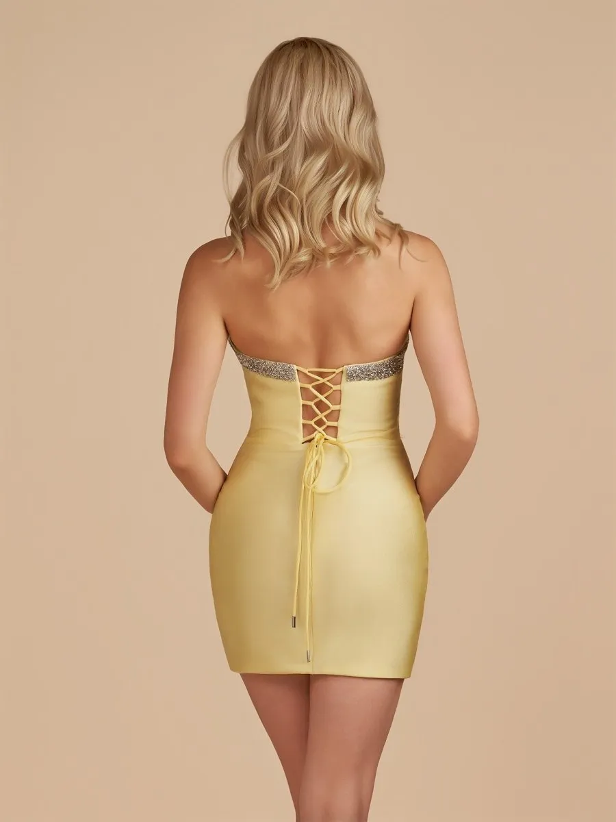 Leniya | Yellow - Bodycon Strapless Cut Out Satin Beaded Homecoming Dress With Bows sold by KissProm product image thumbnail 2