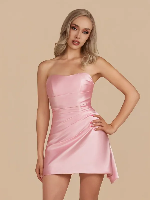 Eila | Pink - Strapless Sheath Irregular Hem Satin Short Homecoming Dress sold by KissProm