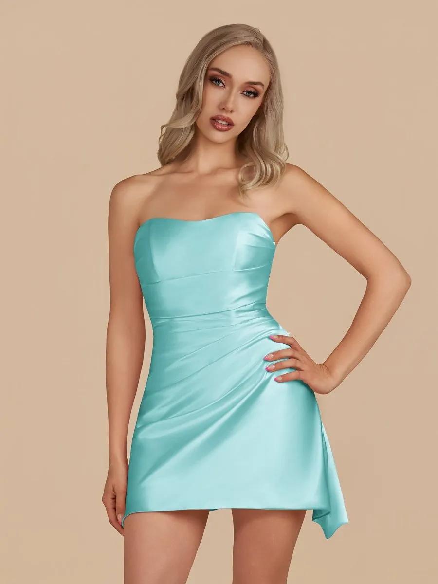 Eila | Aqua - Strapless Sheath Irregular Hem Satin Short Homecoming Dress sold by KissProm