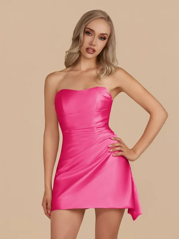 Eila | Fuchsia - Strapless Sheath Irregular Hem Satin Short Homecoming Dress sold by KissProm