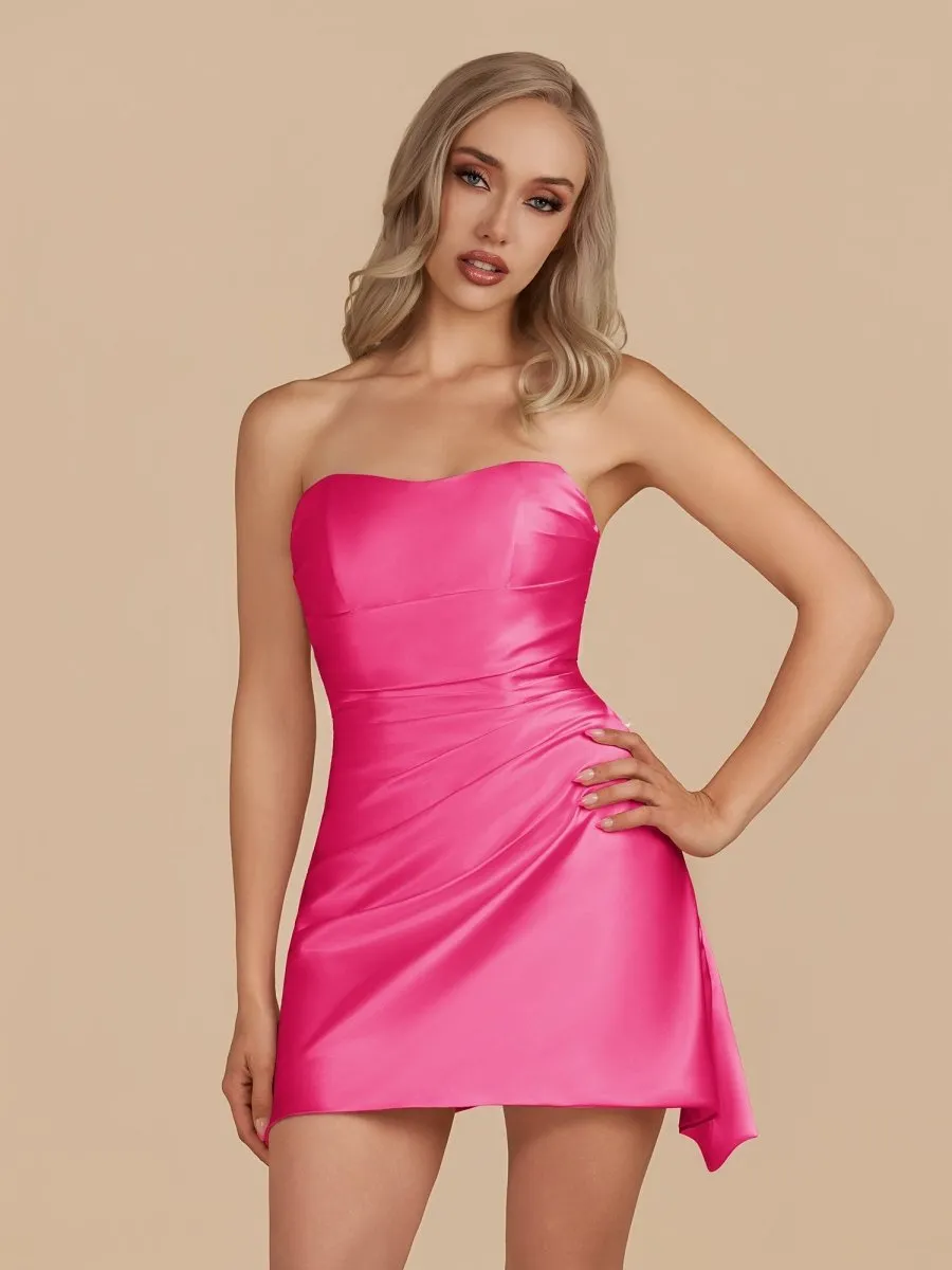 Eila | Fuchsia - Strapless Sheath Irregular Hem Satin Short Homecoming Dress sold by KissProm