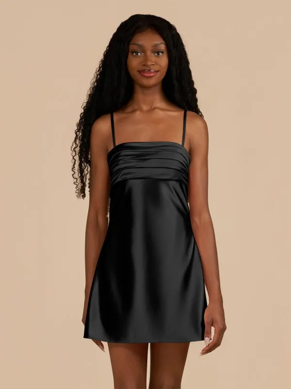 Draya | Black - Sheath Spaghetti Straps Satin Homecoming Dress sold by KissProm