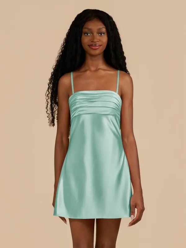 Draya | Aqua - Sheath Spaghetti Straps Satin Homecoming Dress sold by KissProm